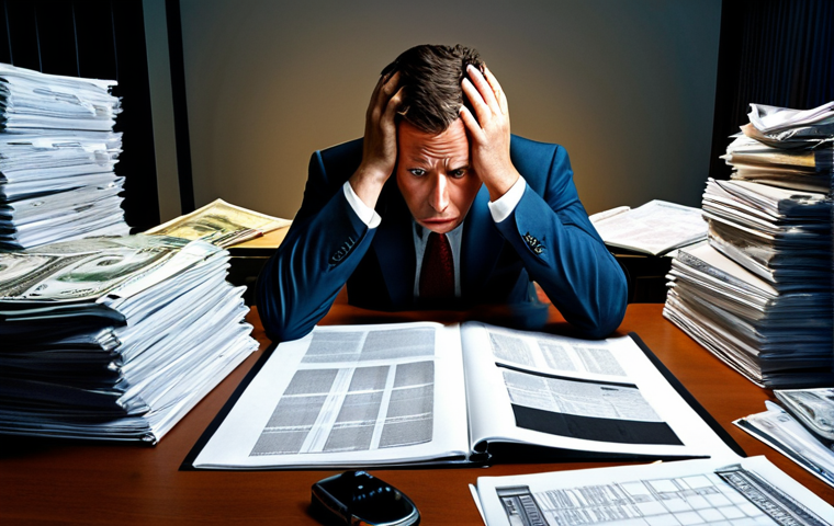 **
A concerned investor with sleepless nights, surrounded by financial reports and bond documents. Emphasize the feeling of anxiety and risk associated with bond investments. Moody's and Standard & Poor's logos are subtly visible in the background.
**