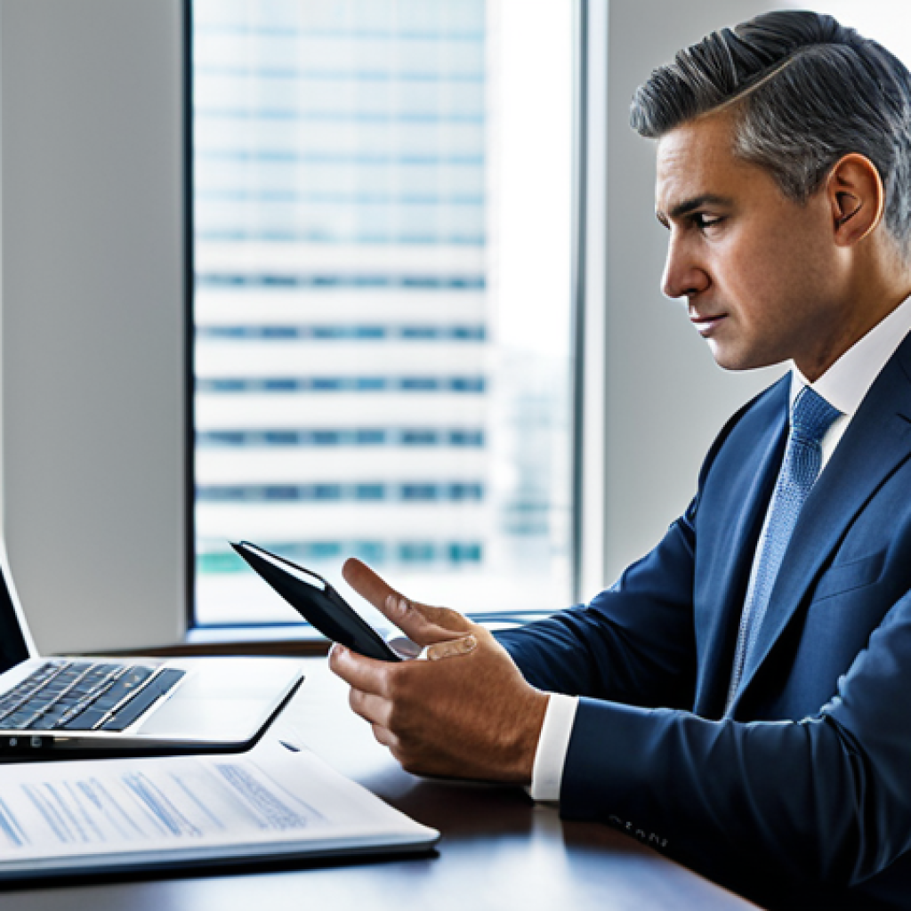 A focused male financial regulator, dressed in a sharp, modest business suit, intently reviewing legal documents on a digital tablet. He is seated at a clean, modern desk in a well-lit government office, with a blurred background of a secure, data-rich environment featuring abstract, stylized representations of financial regulations and a subtle emblem of justice. The scene conveys responsibility and meticulous oversight. Perfect anatomy, correct proportions, natural pose, well-formed hands, proper finger count, natural body proportions, fully clothed, modest clothing, appropriate attire, professional dress, safe for work, appropriate content, professional photography, high quality.