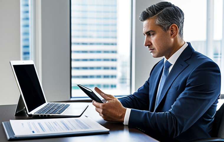 A focused male financial regulator, dressed in a sharp, modest business suit, intently reviewing legal documents on a digital tablet. He is seated at a clean, modern desk in a well-lit government office, with a blurred background of a secure, data-rich environment featuring abstract, stylized representations of financial regulations and a subtle emblem of justice. The scene conveys responsibility and meticulous oversight. Perfect anatomy, correct proportions, natural pose, well-formed hands, proper finger count, natural body proportions, fully clothed, modest clothing, appropriate attire, professional dress, safe for work, appropriate content, professional photography, high quality.