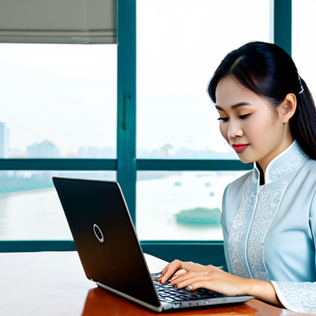**
"A professional Vietnamese businesswoman, fully clothed in a traditional Ao Dai office attire, working on a laptop in a modern Ho Chi Minh City office with a view of the Saigon River. Appropriate content, safe for work, perfect anatomy, correct proportions, natural pose, well-formed hands, proper finger count, natural body proportions, professional, modest, family-friendly, high quality photo, 8k resolution."
**
