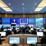Home 20 채권 시장 트렌드 분석 - A modern Vietnamese financial office scene showing a diverse group of professional investors analyzi...